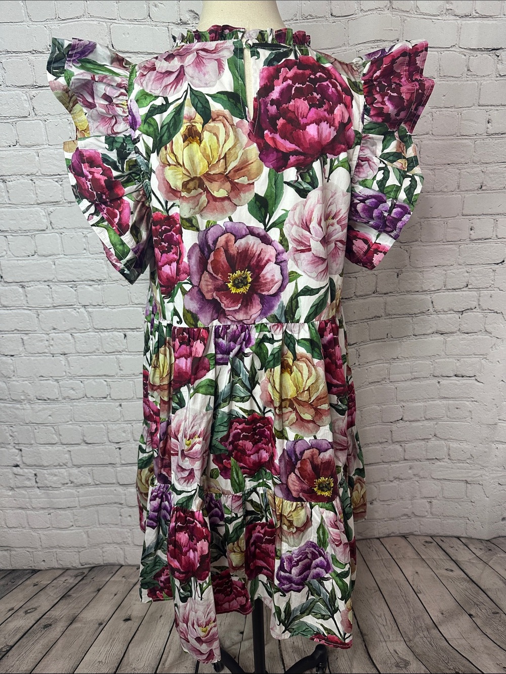 Aura Tiered Floral Print Ruffle Sleeve Dress 100% Cotton Size XL - Picture 4 of 11